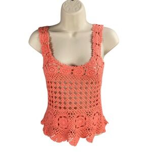 Crochet Open Knit Tank‎ Top OS Coral Indie Boho Chic Festival Layering Cottage